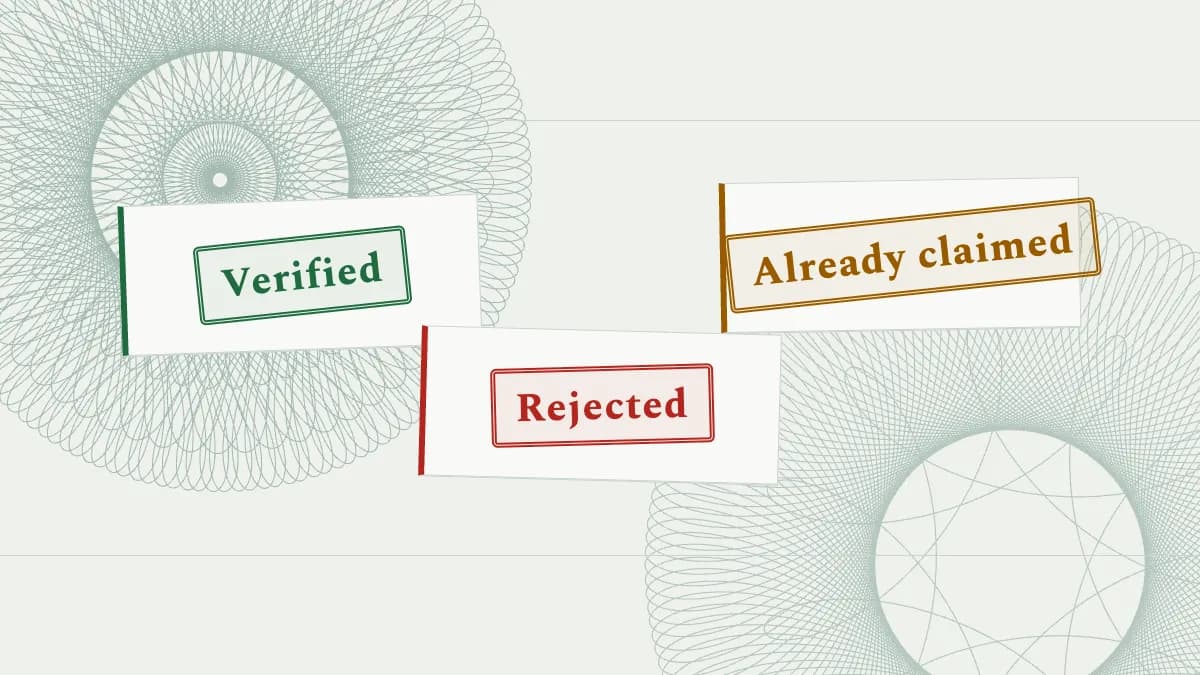 Three stamped cards reading Verified, Rejected and Already claimed, over a banknote-style pattern.
